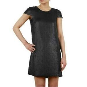 Theory Maryanka 100% Silk Black Matte Sequin Shift Dress Cap Sleeve Size 8